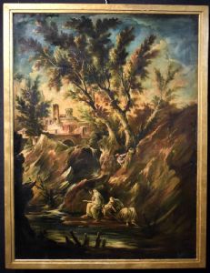 "Paesaggio fantastico con frati e personaggi"